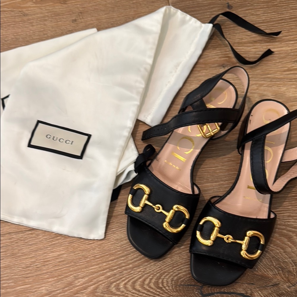 Gucci Black and Gold Sandals with Flat Sole